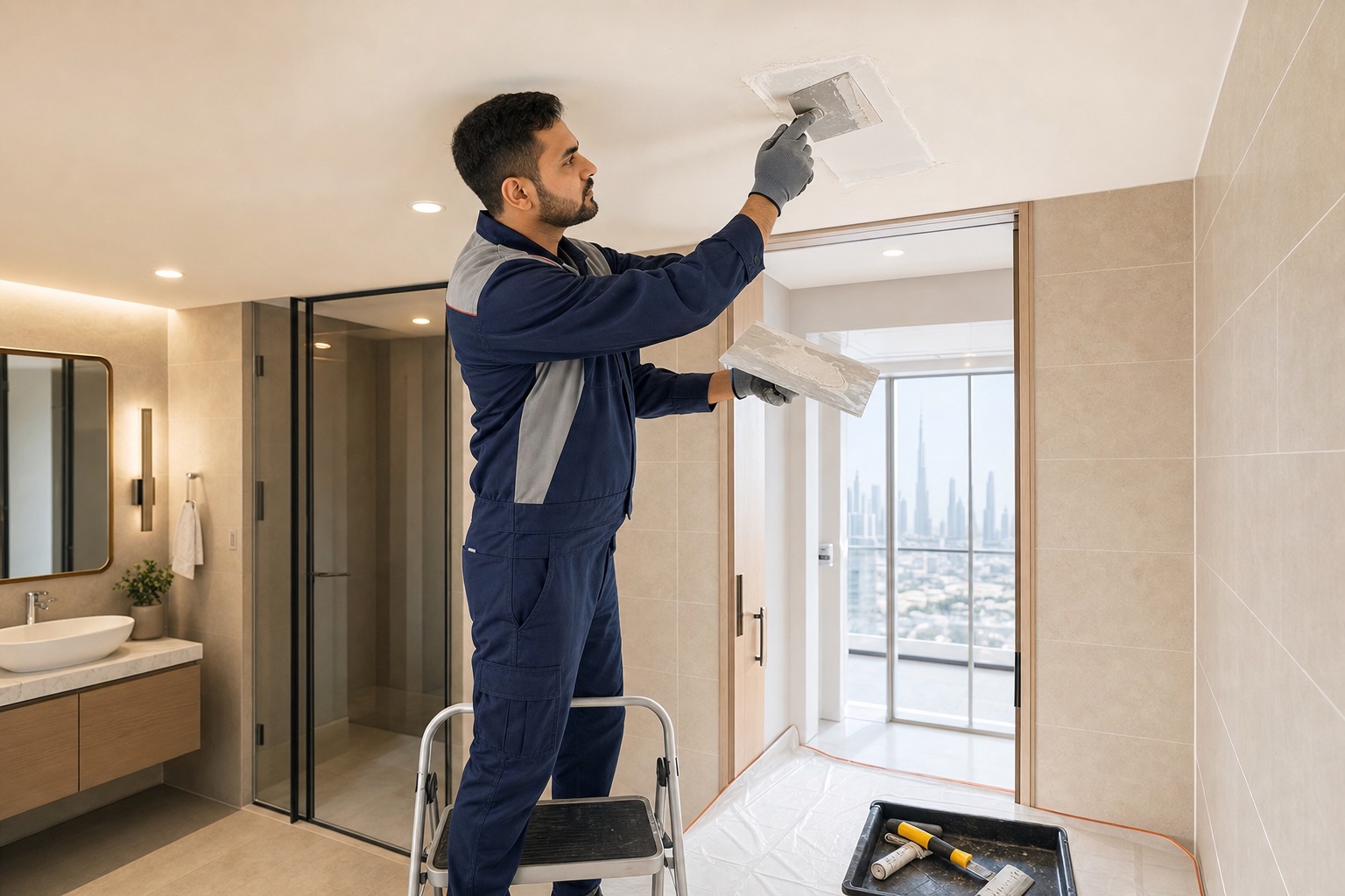 Technician repairing and painting a gypsum ceiling opening after water heater replacement in Dubai