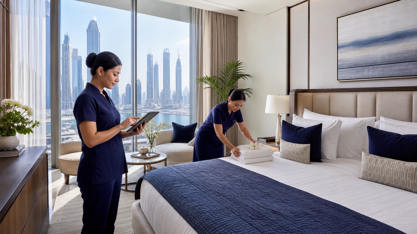 Holiday home management services Dubai Holiday home turnover team preparing a luxury Dubai short-term rental