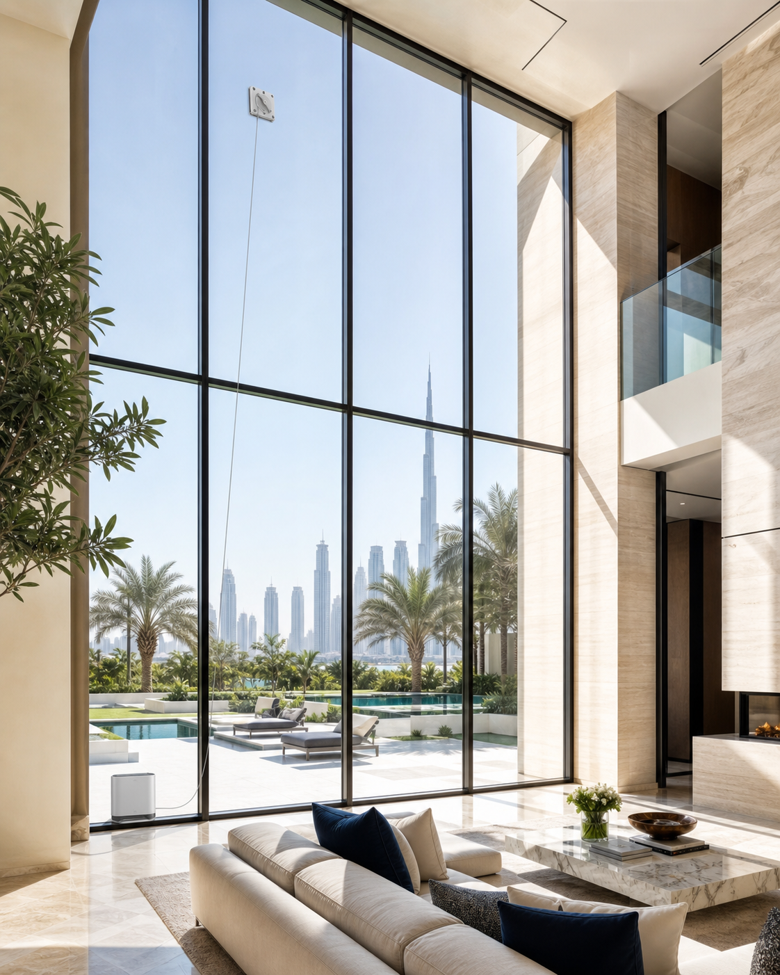 Double-height robot window cleaning Dubai WINBOT W2 cleaning a double-height ceiling window in a luxury Dubai villa