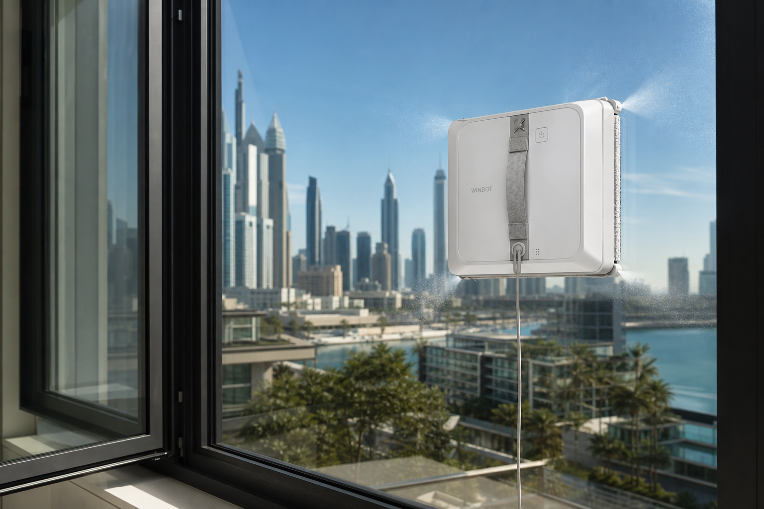 Outside glass robot window cleaning Dubai WINBOT W2 deep cleaning the outside face of a Dubai apartment window