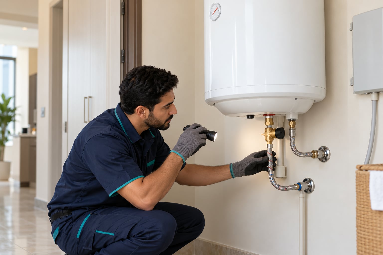 Technician inspecting a wall-mounted electric water heater and its connections in a Dubai home
