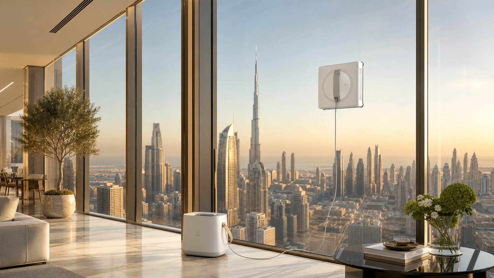 Robotic window-cleaning technology working on high floor-to-ceiling glass in Dubai